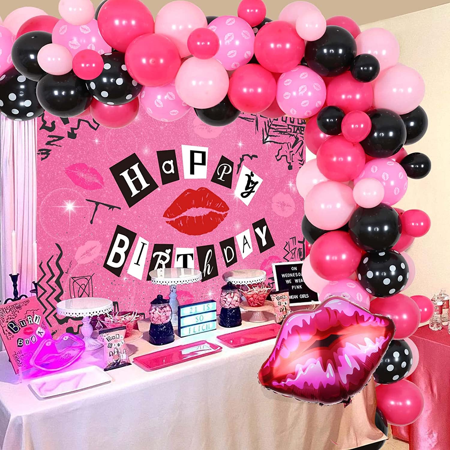Burn Book Party Decorations Balloon Garland Kit with Backdrop, Lip Foil  Balloon for Girls and Women Y2K Early 2000s Birthday Decor